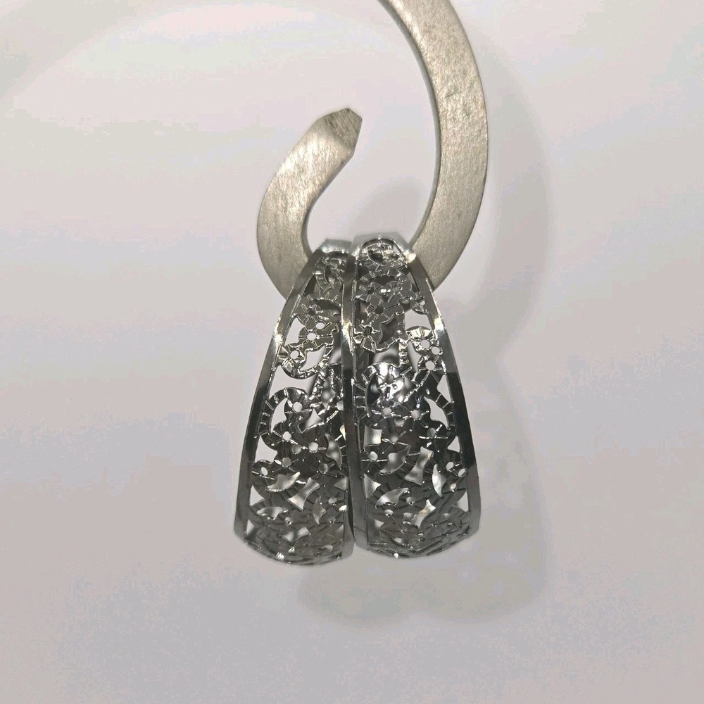 Gunmetal Black Wide Filigree Openwork C-Hoop Earrings Arabesque Statement 1.75"